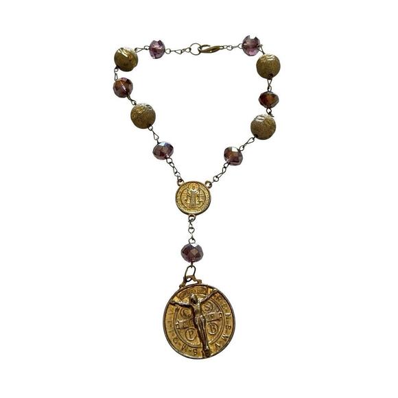Jewelry - Rosary Chaplet Saint Benedict Holy Medal Gold Tone Purple Glass Beads 9”